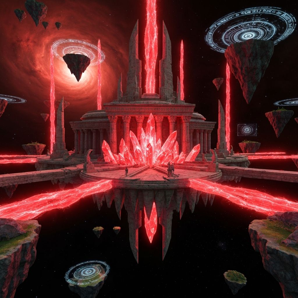 A distant sci-fi planet with alien architecture