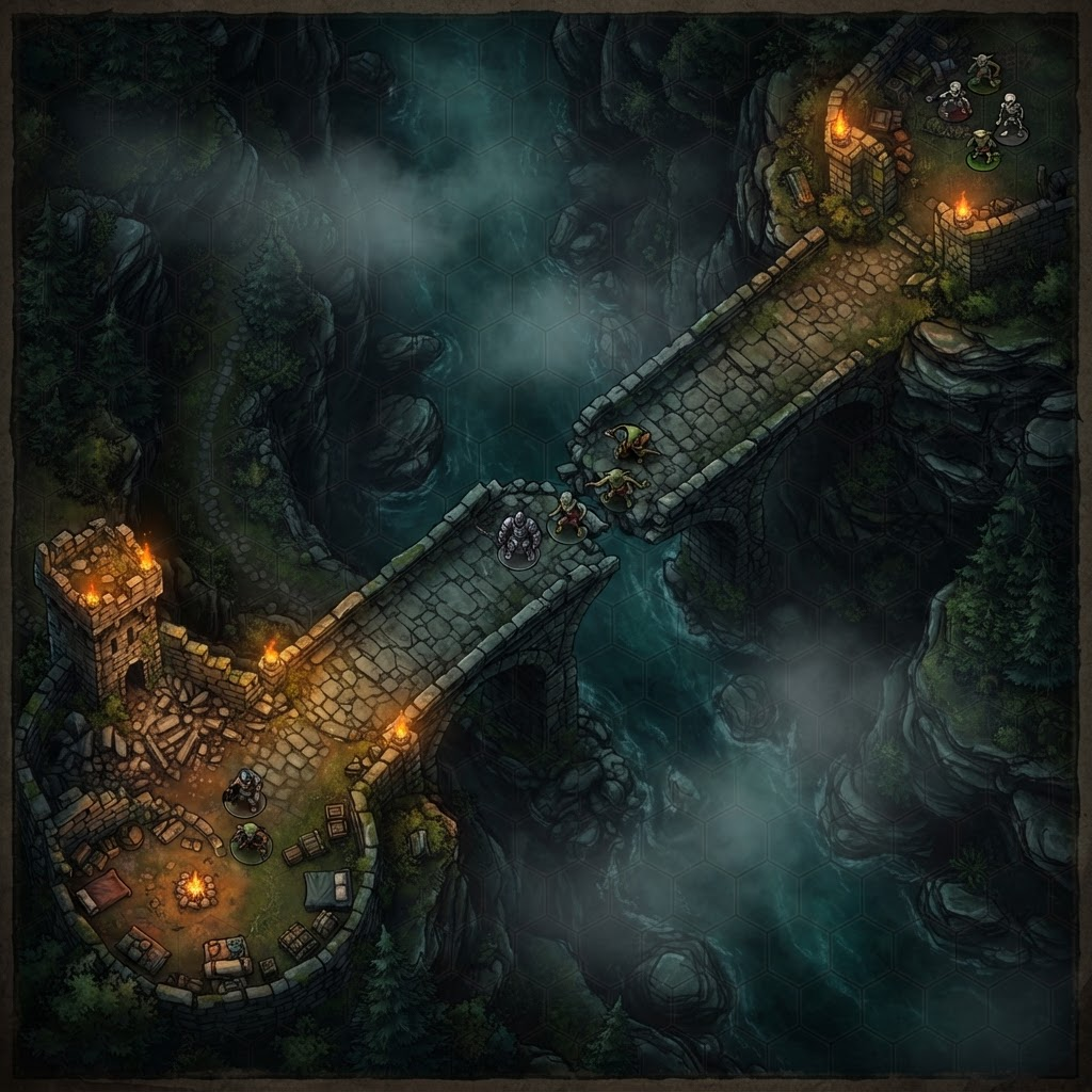 A fantasy battle map of a bridge over a gorge with a hex grid overlay