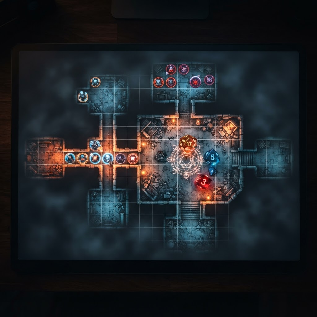 A live virtual tabletop battle map with tokens, fog of war, and 3D dice