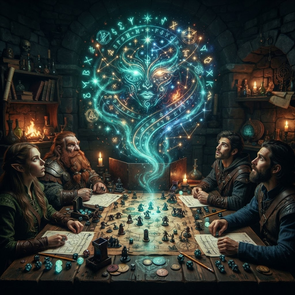 An ethereal AI game master glowing above a fantasy game table