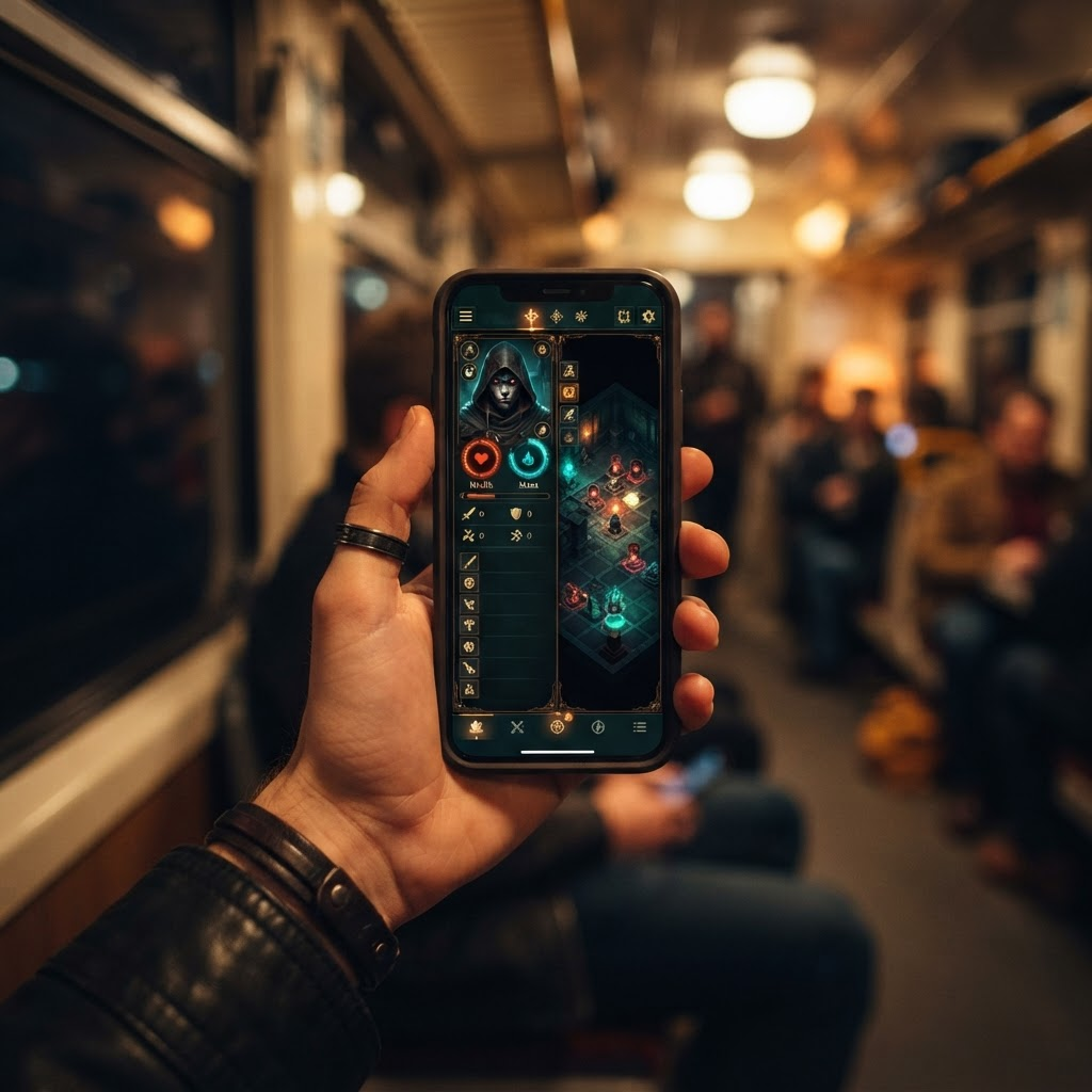 A hand holding a phone showing a fantasy RPG character sheet and map