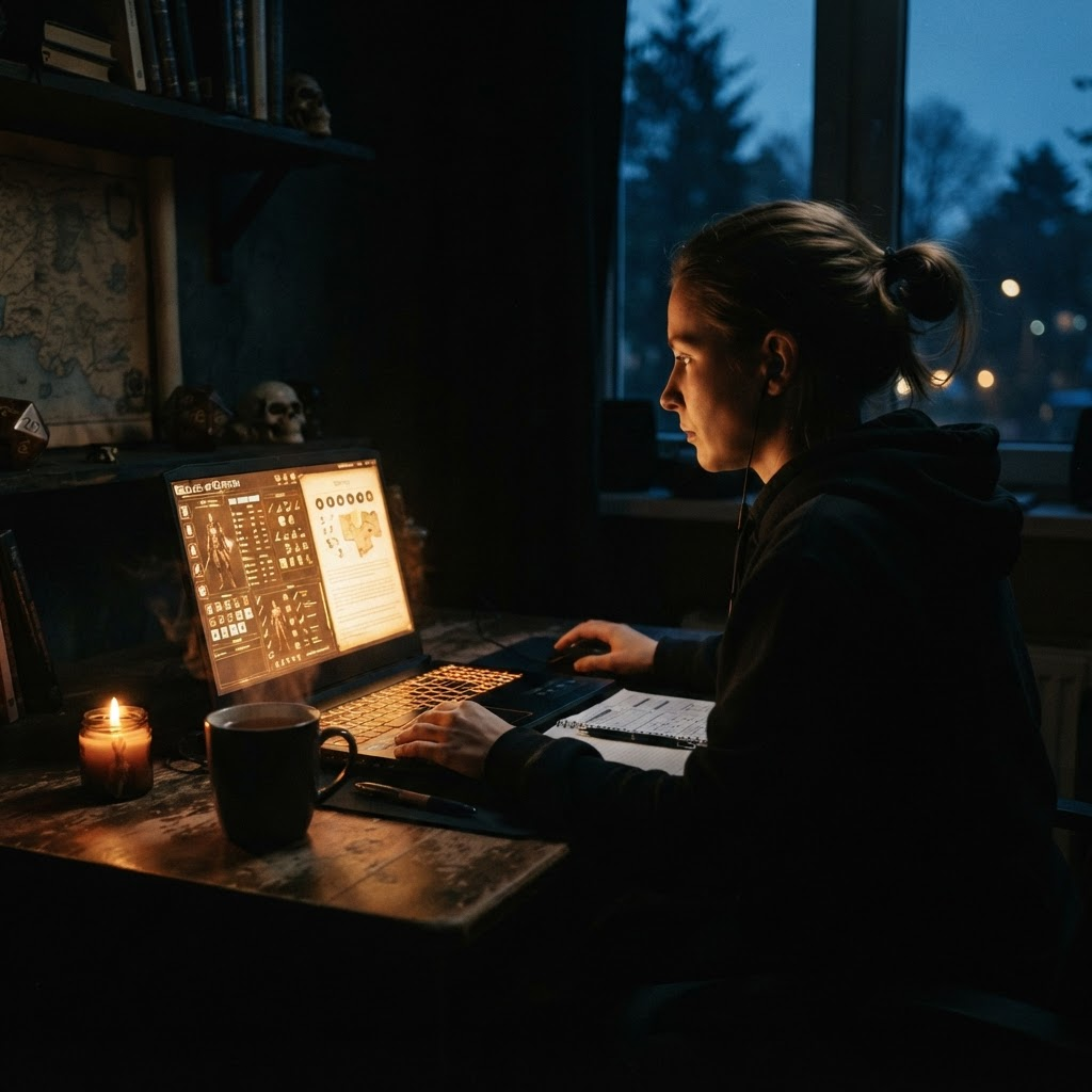 A player adventuring solo late at night by candlelight and laptop glow